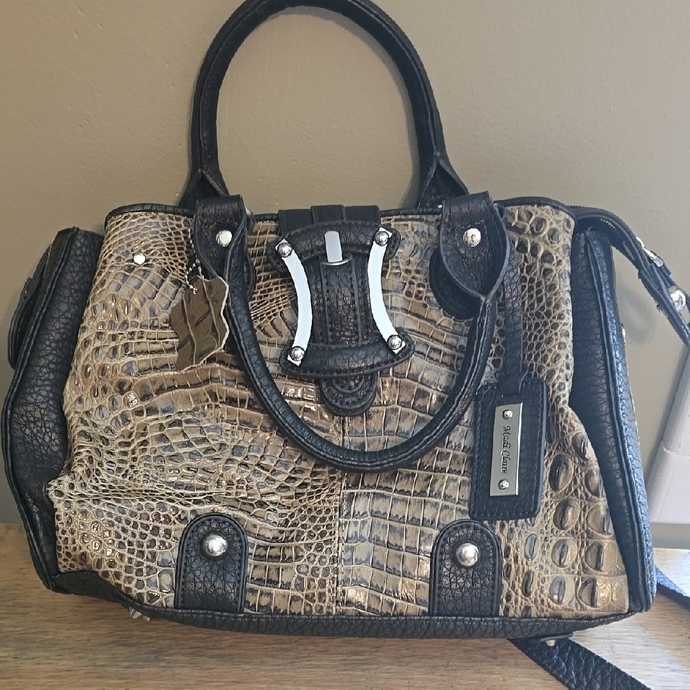 Black and Tan Crocodile Embossed Handbag